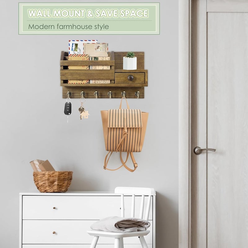 VIS'V Key Holder Wall Mount, Wooden Mail and Key Organizer with Drawer and Shelf, 2 Slots, 6 Hooks, Brown - Image 2